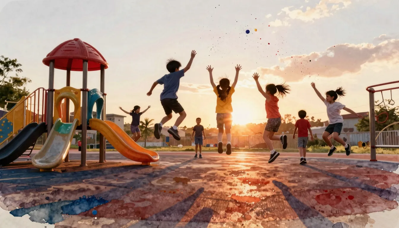 Watercolor style. A bright playground at sunset, silhouettes...