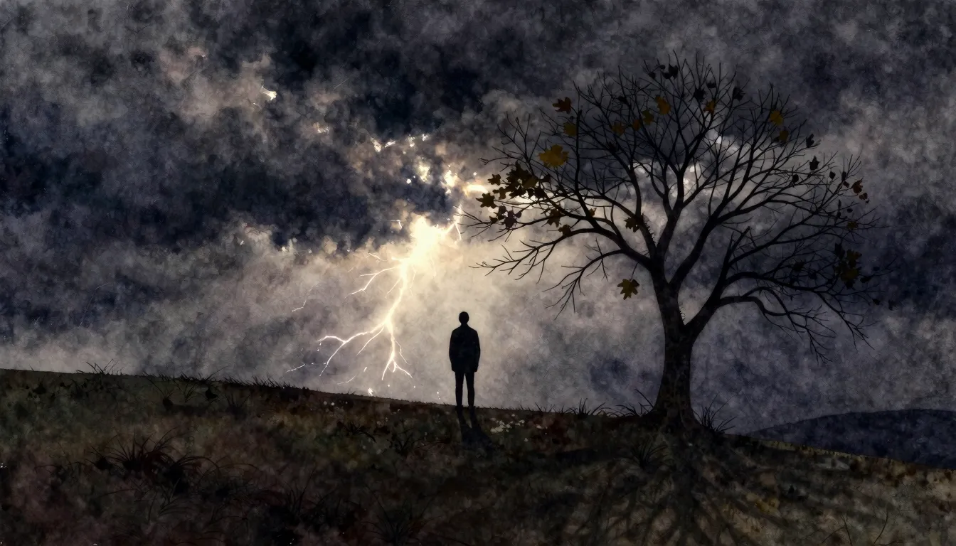 Watercolor style. A lone silhouette stands on a hill, lookin...