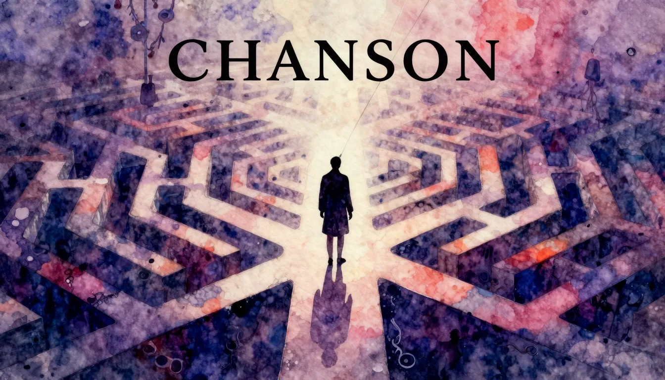 Vibrant watercolor style. Chanson album cover: Dark, mysteri...