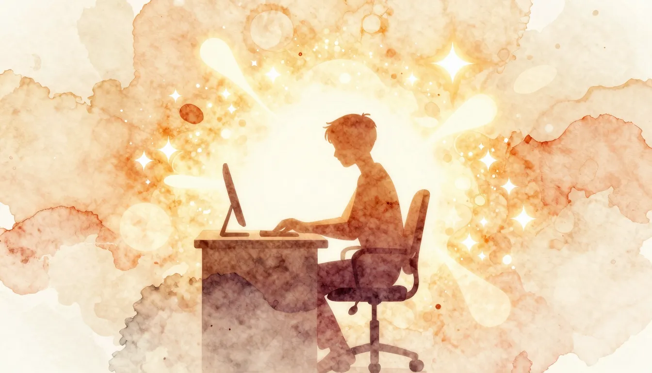 Watercolor style. Silhouette of a person at a desk surrounde...