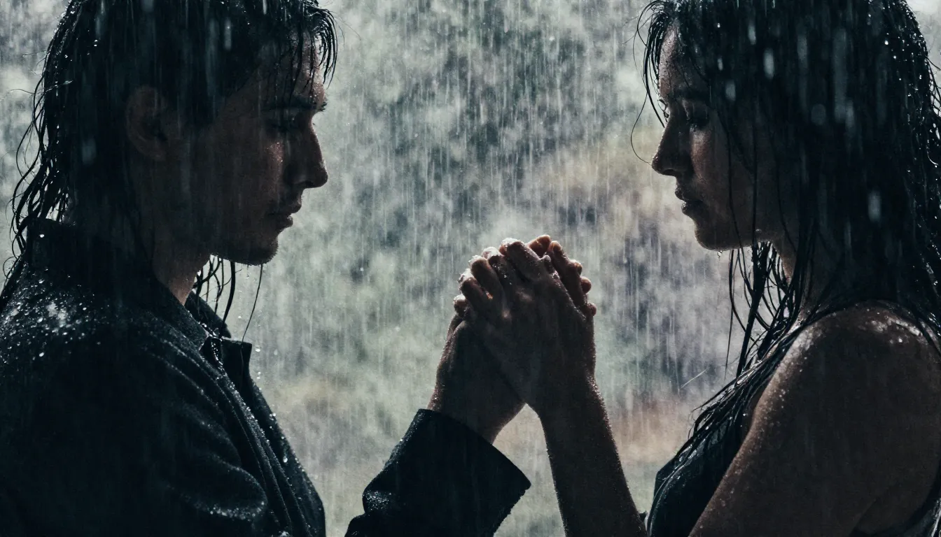 Watercolor style. Silhouette of a couple in the rain, water ...