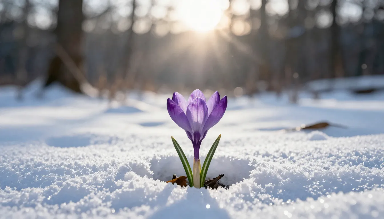 Watercolor style. A small purple crocus flower emerging from...