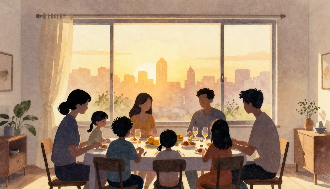 Watercolor style. Silhouettes of a large family gathered aro...