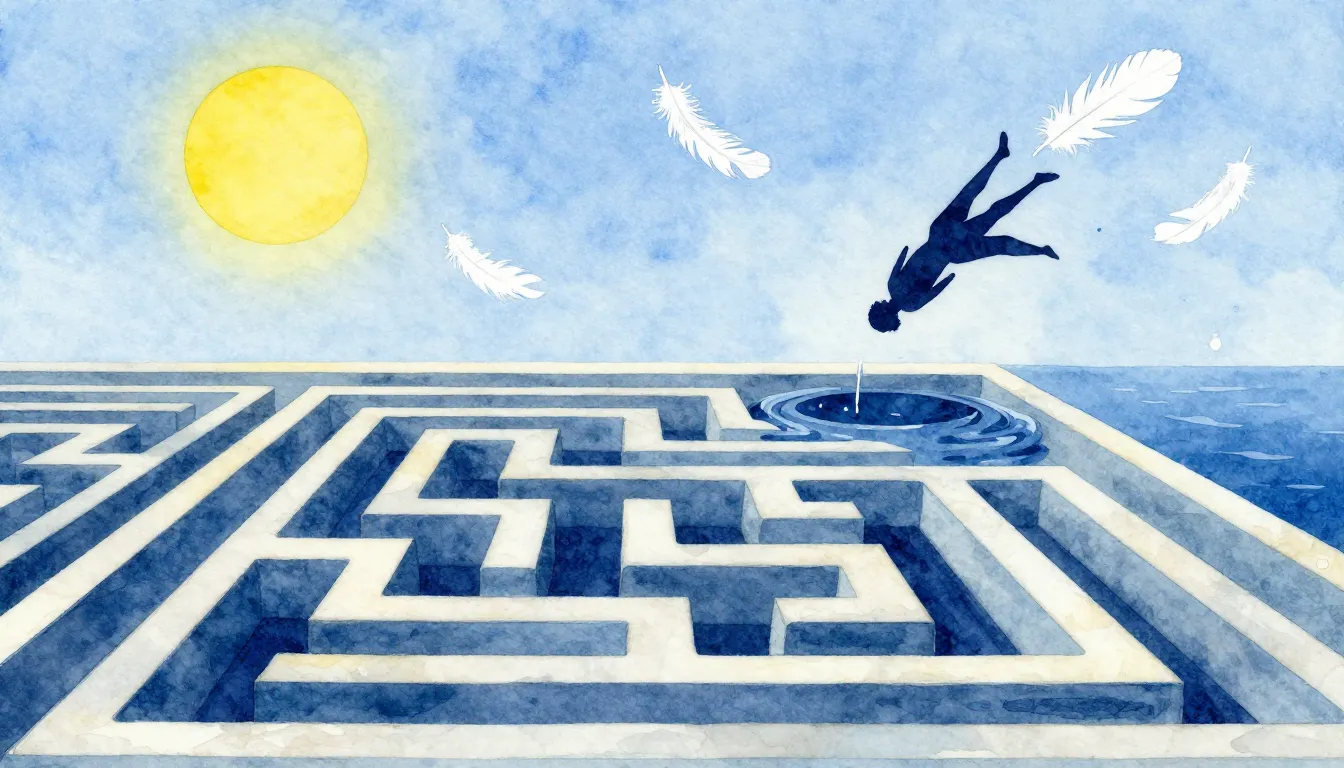 Watercolor style. Ancient Greek labyrinth view from above, b...