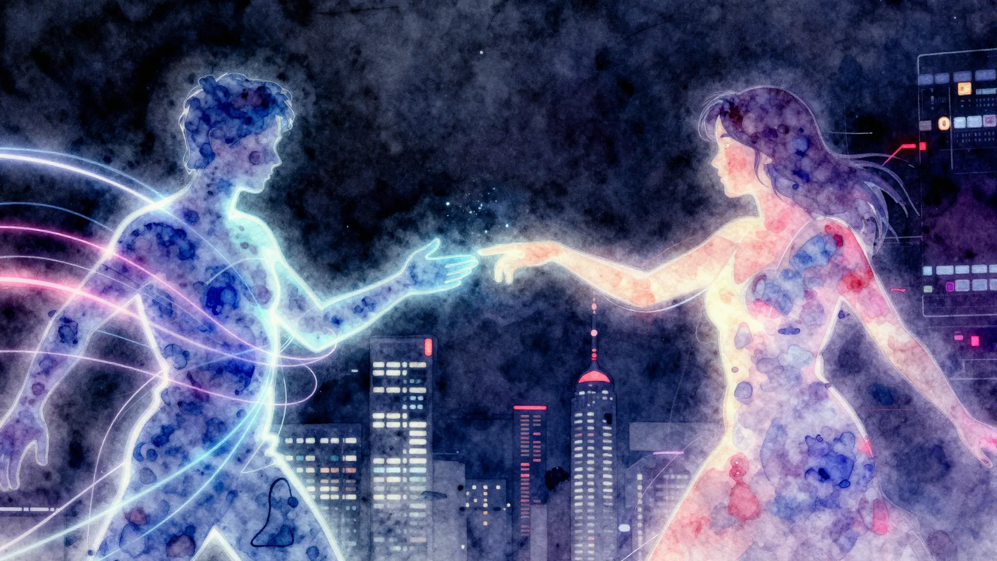 Vibrant watercolor style. Cyberpunk album cover: magnetic at...