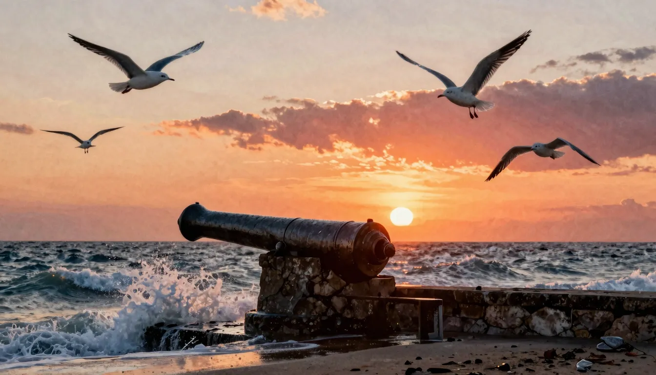 Watercolor style. Silhouette of a coastal battery monument a...