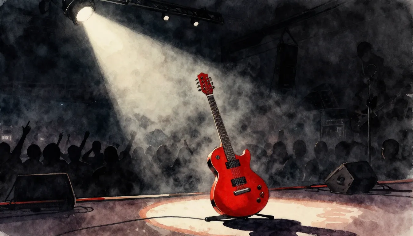 Watercolor style. A dark stage with a single spotlight on a ...