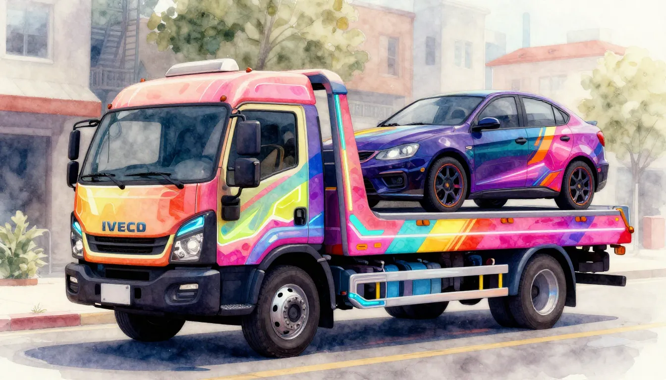Watercolor style. Stylized IVECO Daily tow truck with a vibr...