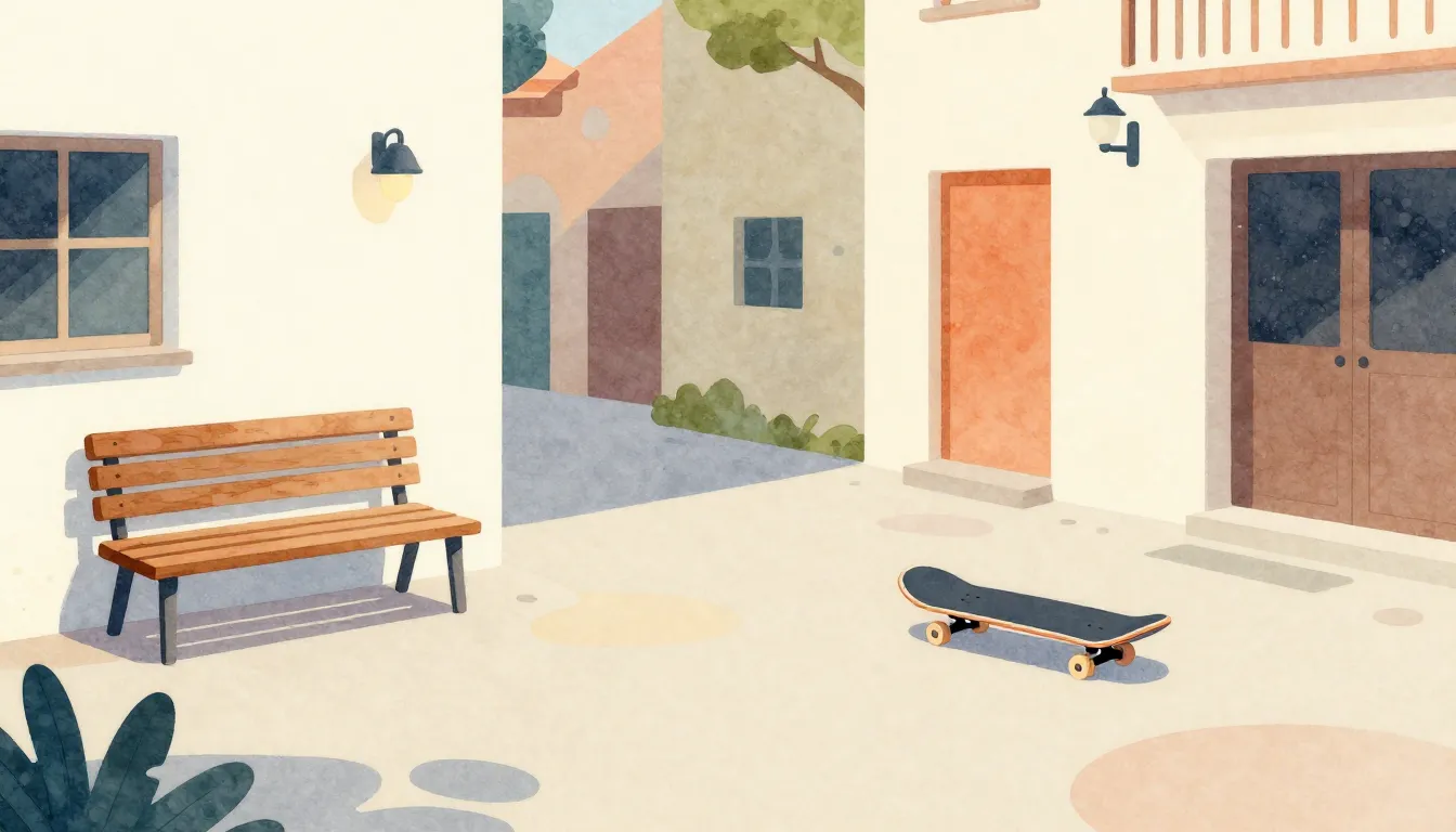 Watercolor style. A cozy urban courtyard with colorful abstr...