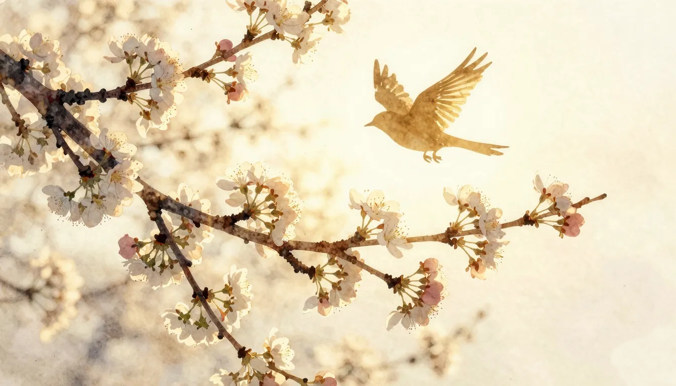 Watercolor style. Silhouette of a bird flying over a bloomin...