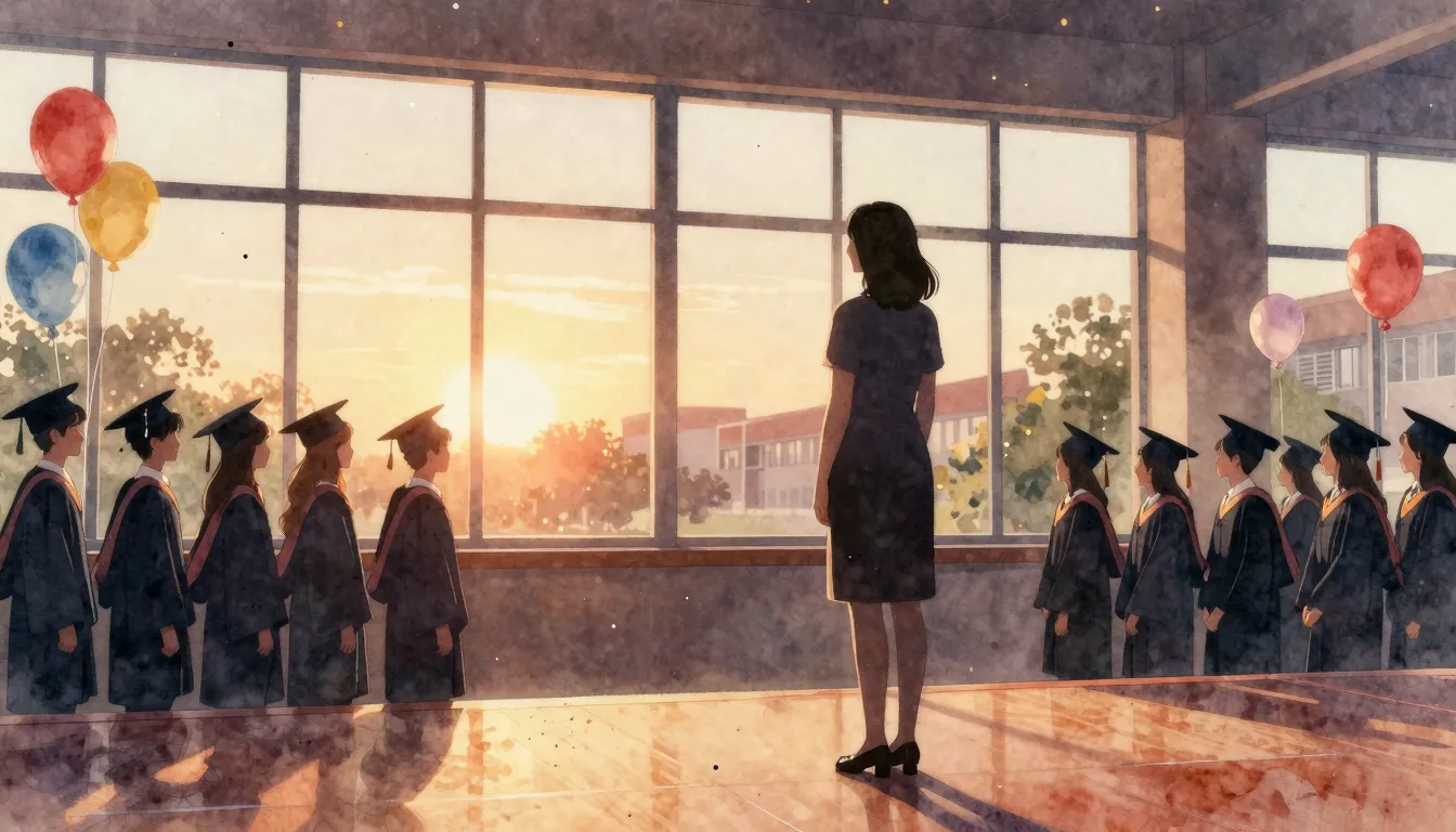 Watercolor style. A silhouette of a mother standing on a sch...