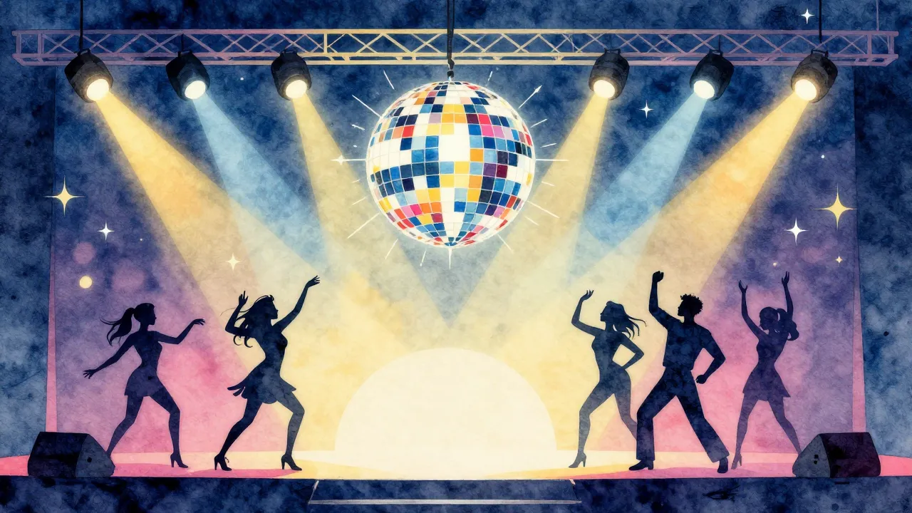 Watercolor style. Bright colorful disco stage with spotlight...