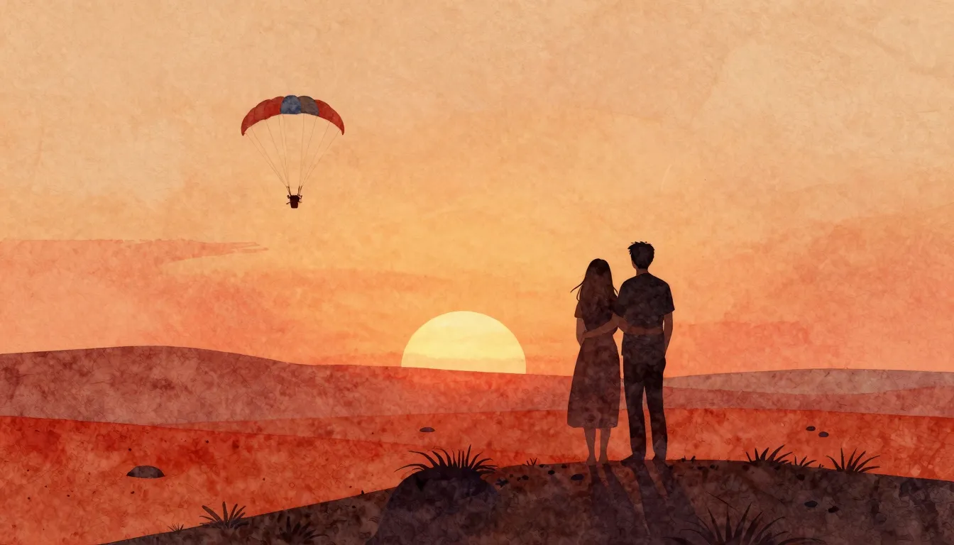 Watercolor style. A silhouette of a couple embracing on a hi...