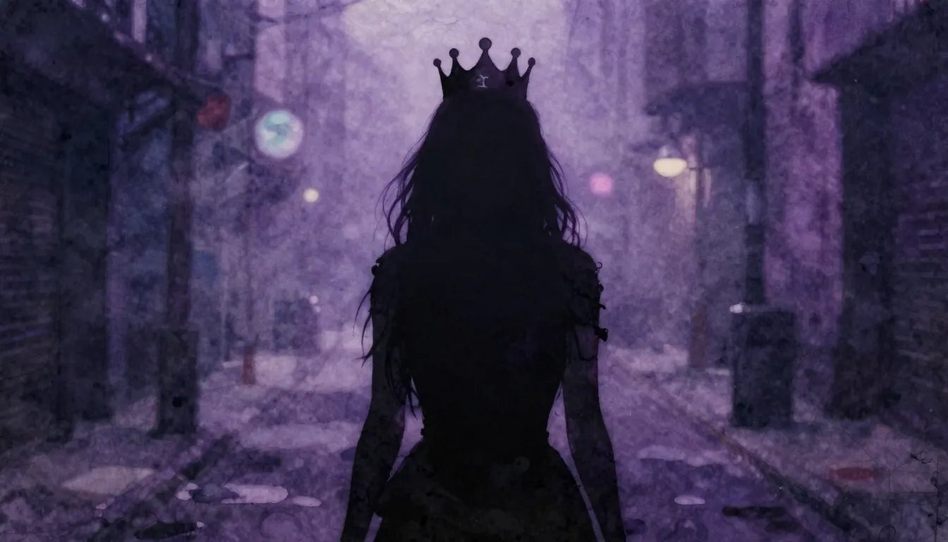 Watercolor style. A dark silhouette of a woman wearing a cro...