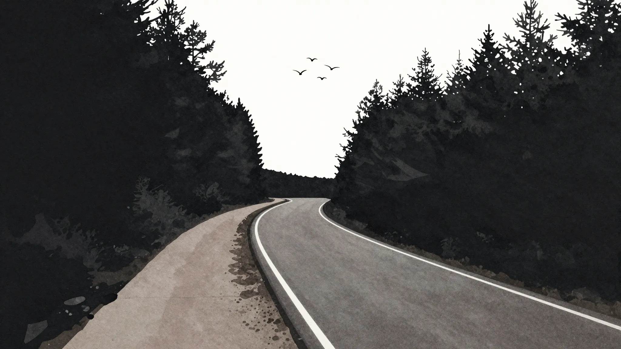 Watercolor style. A winding path through a dark forest, cont...