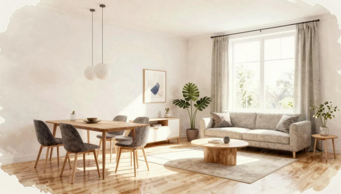 Watercolor style. Stylish apartment interior, minimalist fur...