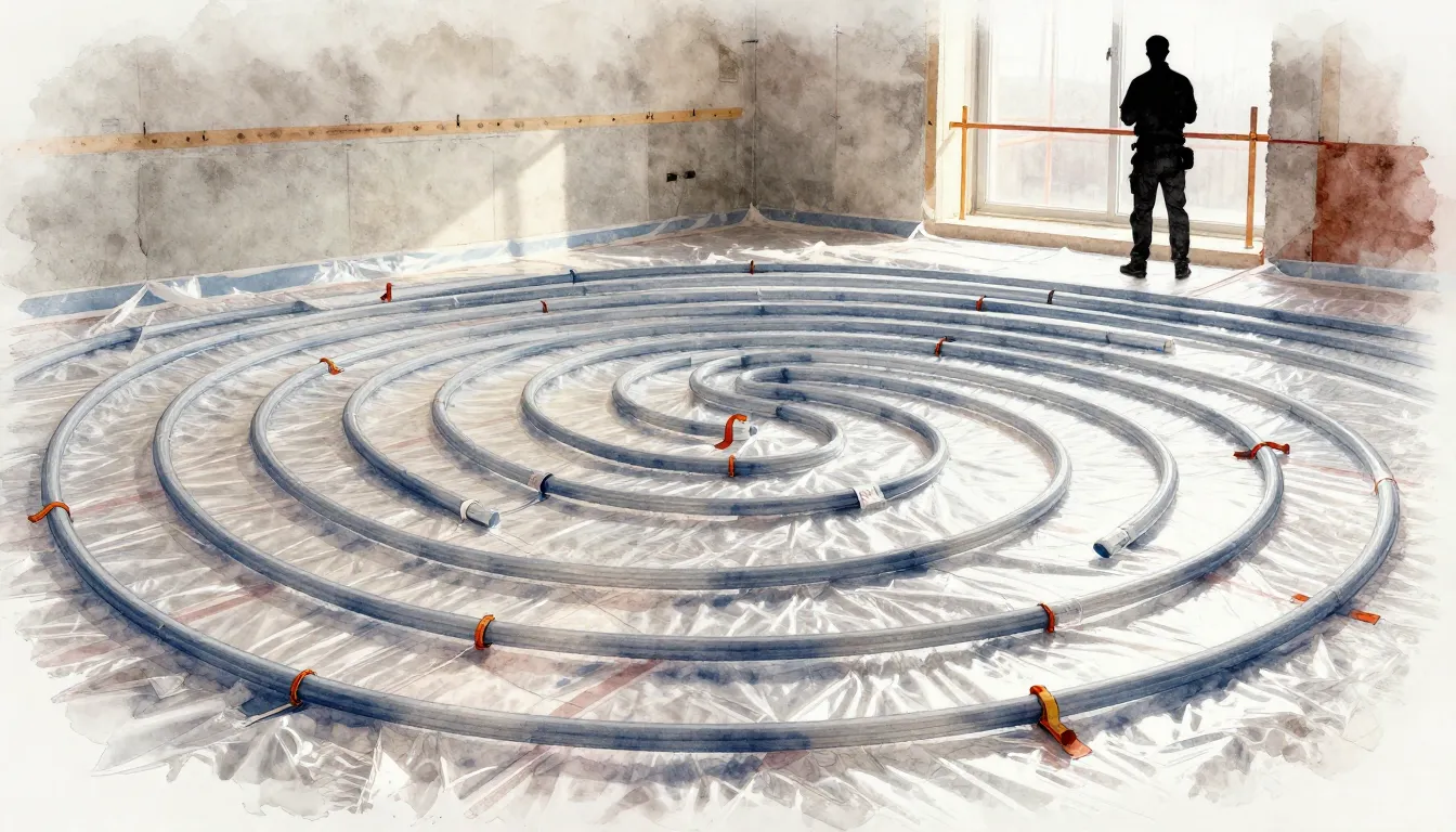 Watercolor style. Close-up of underfloor heating pipes laid ...