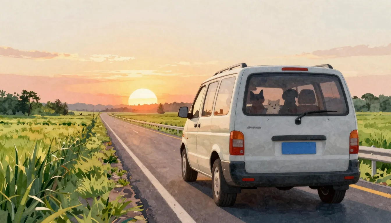 Watercolor style. A cozy minivan driving on a sunny highway ...