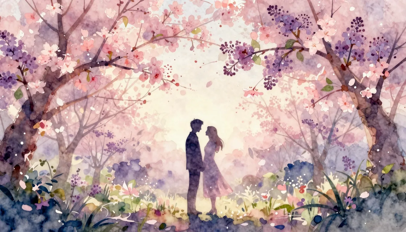 Watercolor style. Silhouette of a couple in a blooming garde...