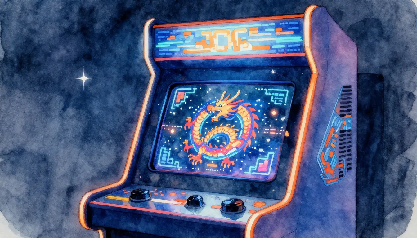 Watercolor style. A retro 90s arcade cabinet glowing with ne...