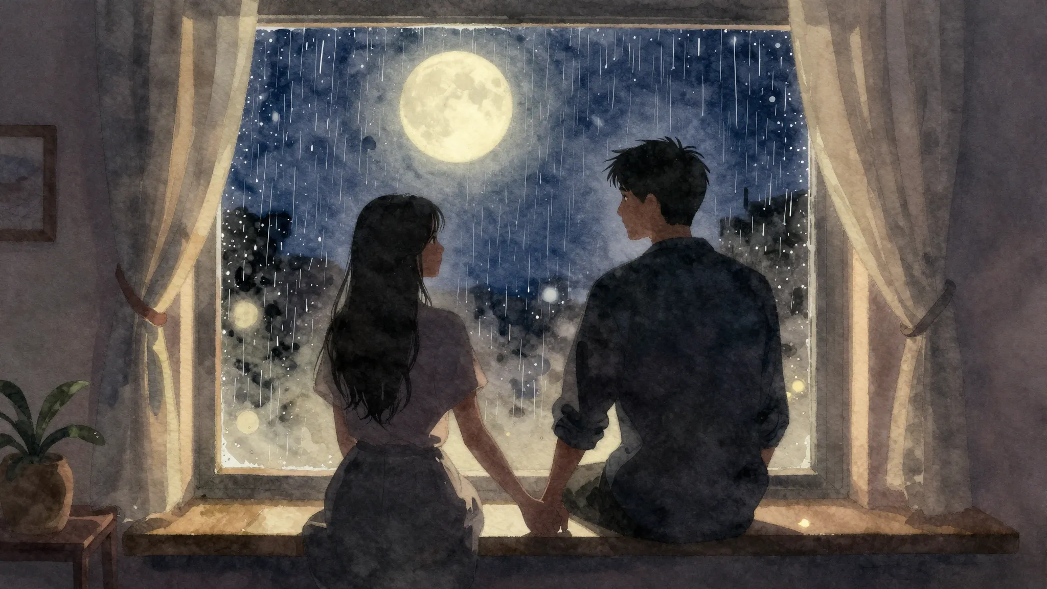 Watercolor style. A cozy room at night, rain on the window, ...