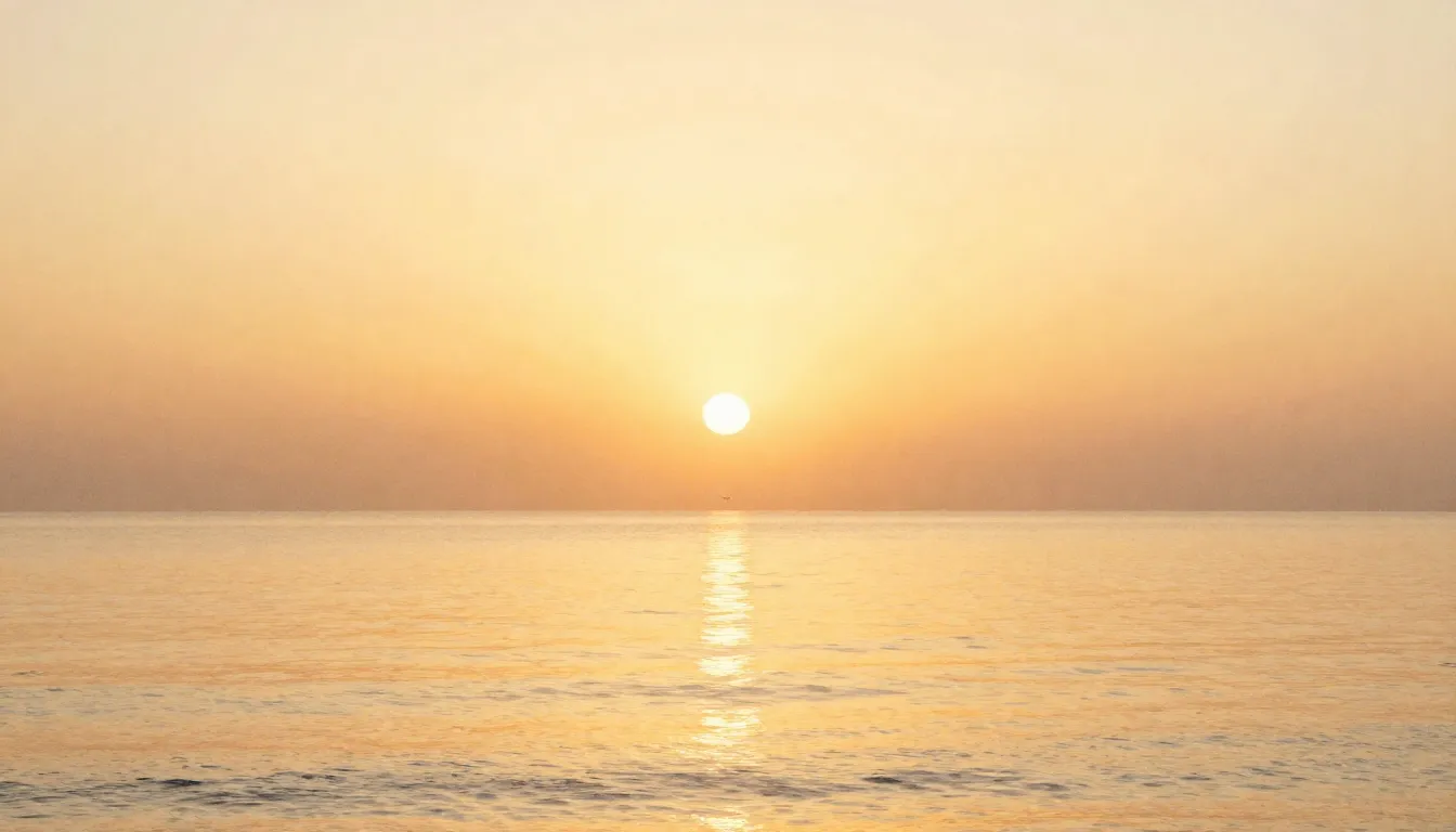 Watercolor style. Golden honey-colored sunrise over a calm s...