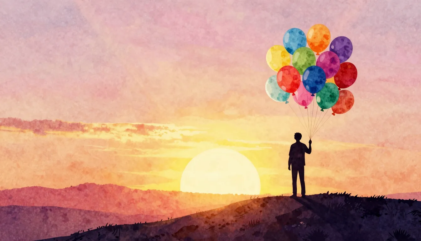 Watercolor style. A silhouette of a person standing on a hil...