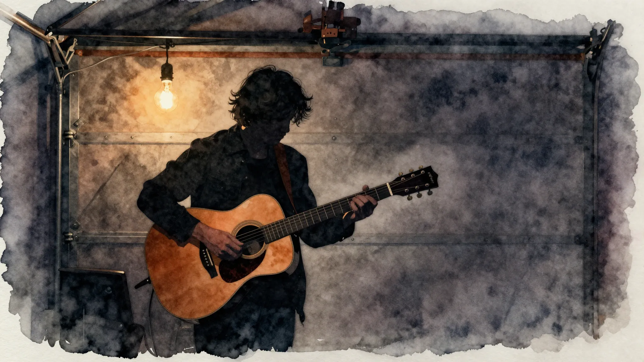 Watercolor style. Silhouette of a musician playing an acoust...
