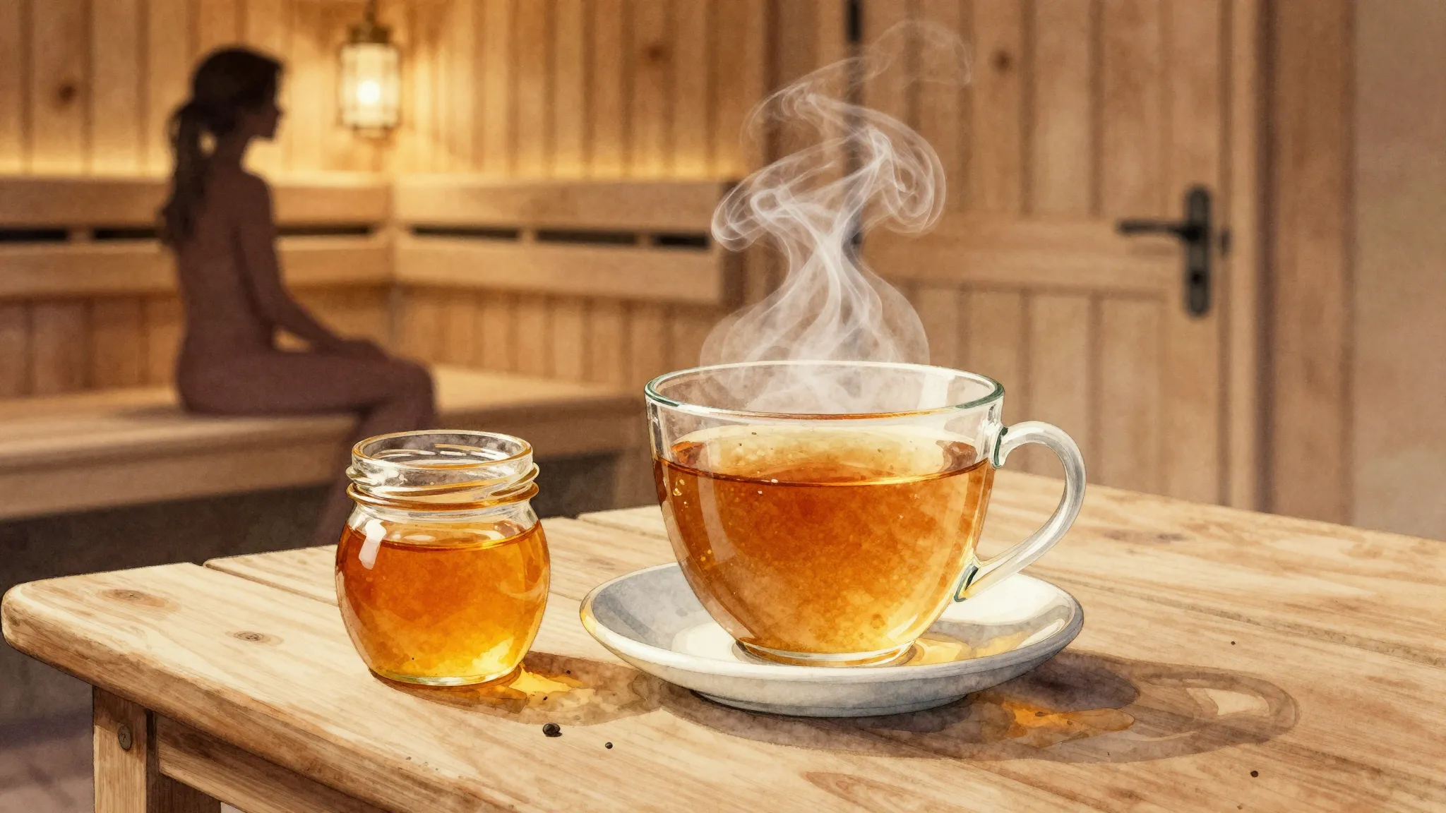 Watercolor style. A cozy wooden table with a steaming mug of...