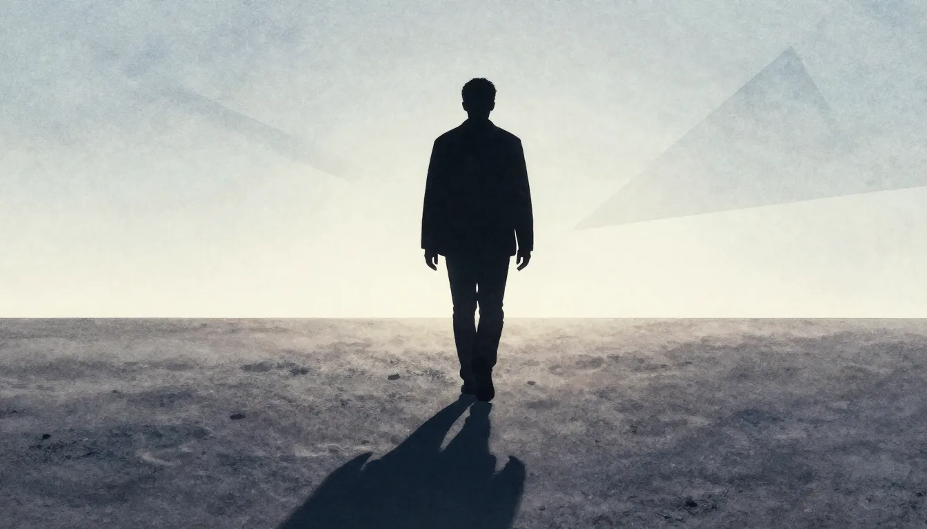 Watercolor style. A dark silhouette of a person walking towa...