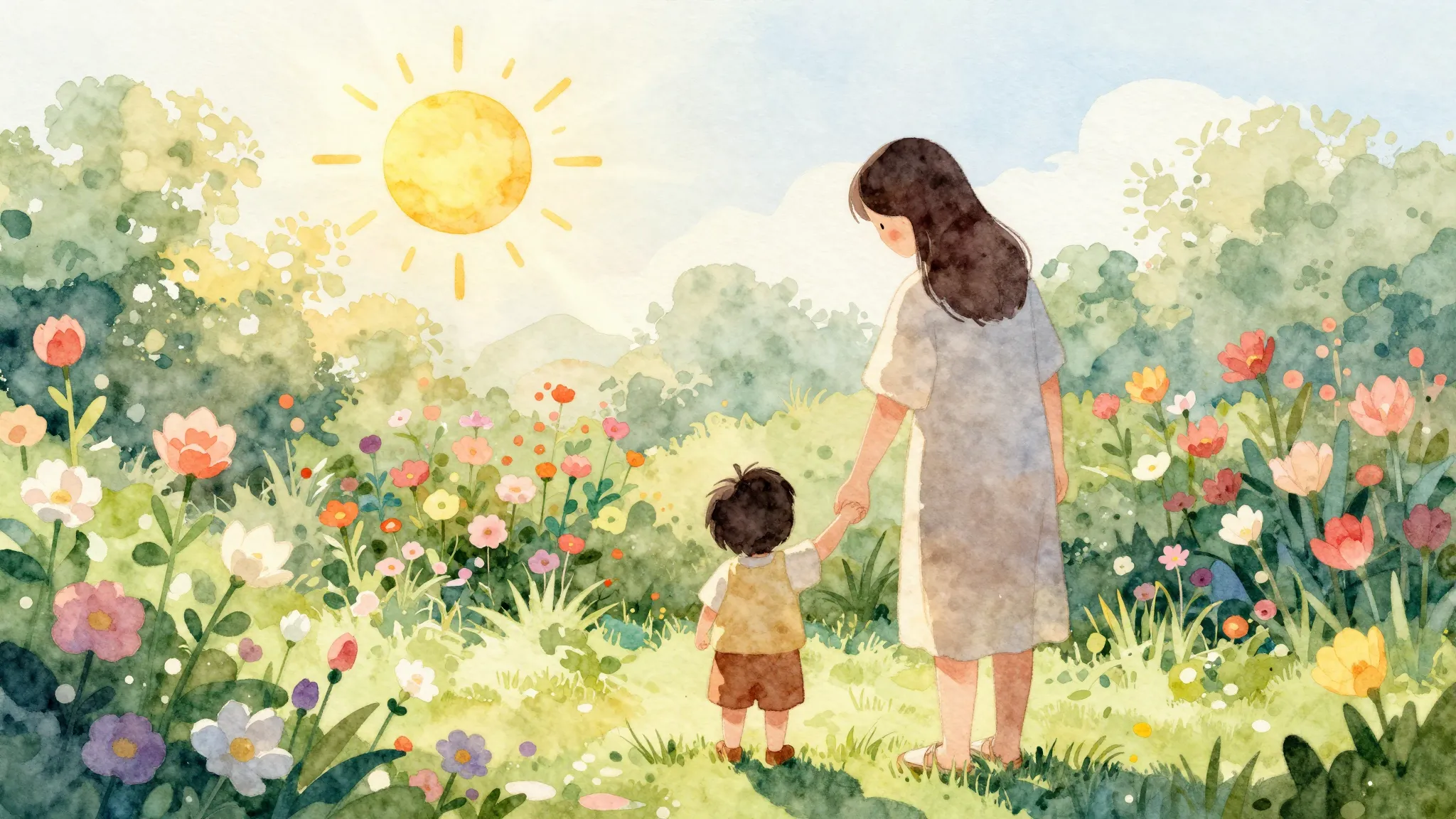 Watercolor style. A beautiful garden with blooming flowers, ...