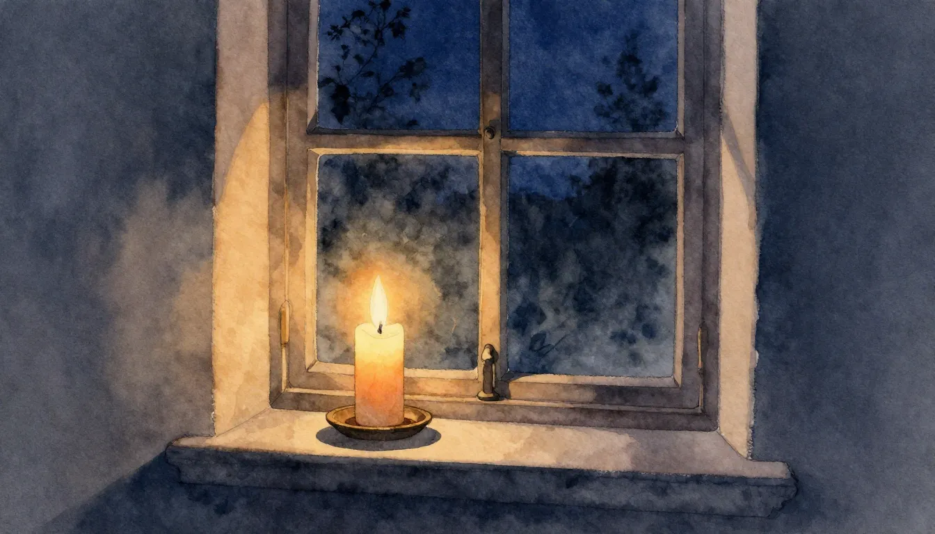 Watercolor style. A lonely candle burning on a windowsill at...