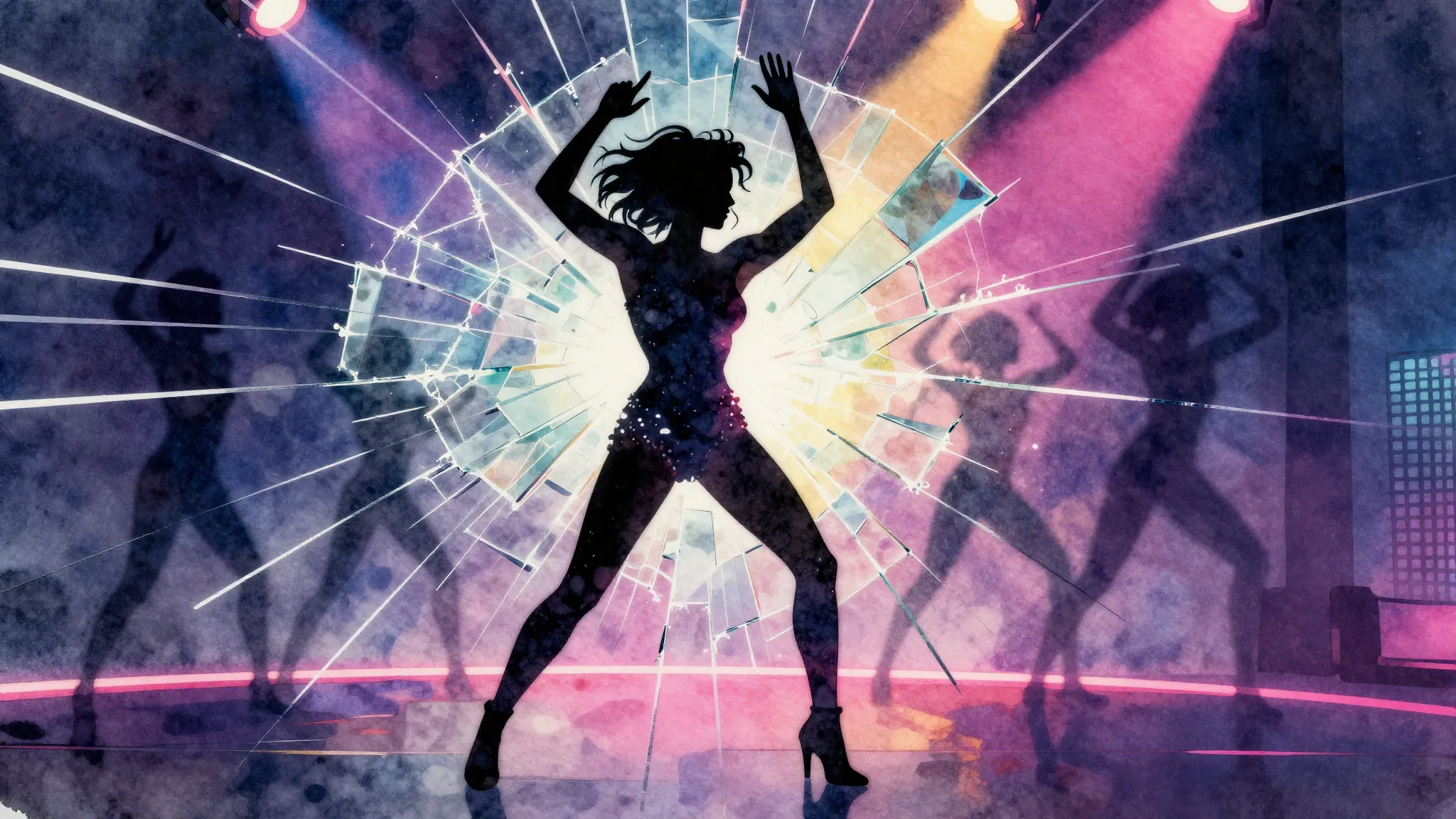 Vibrant watercolor style. Heavy metal disco dancer, silhouet...
