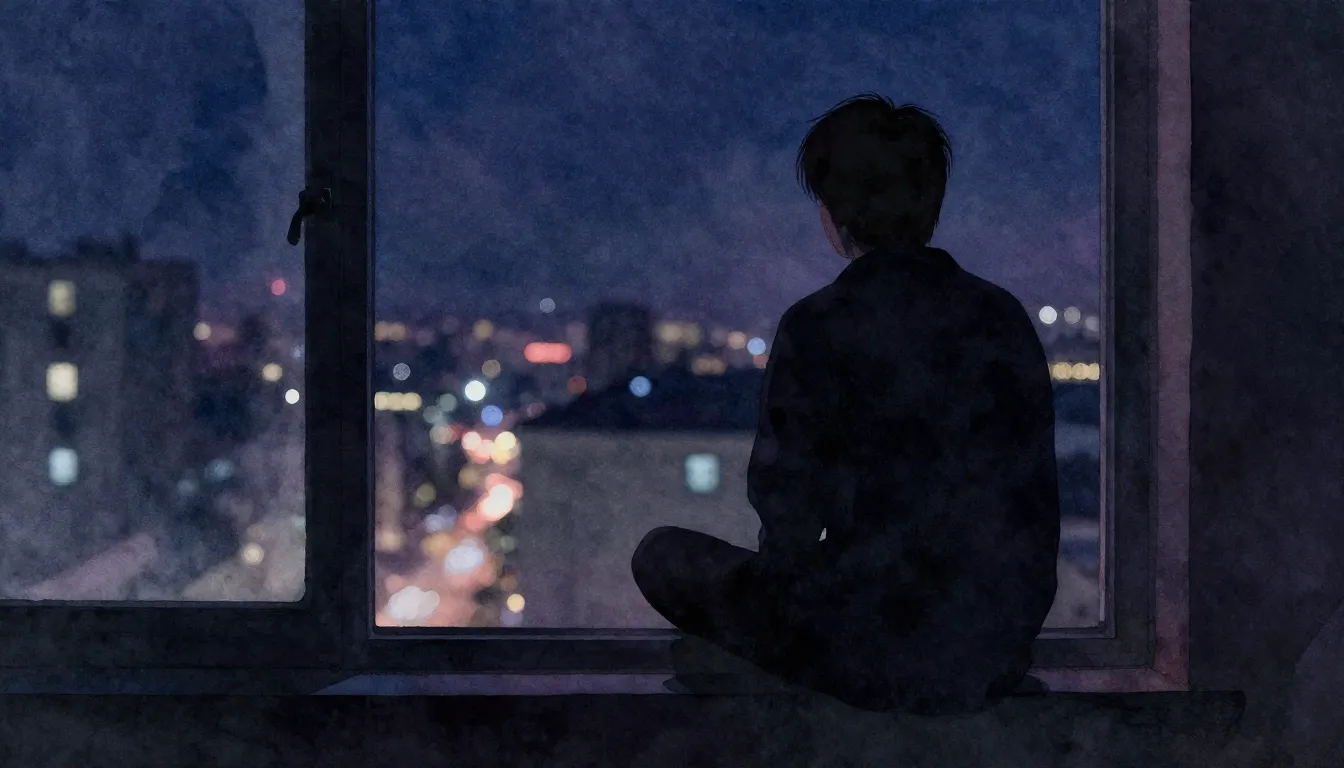 Watercolor style. A dark silhouette of a person sitting by a...