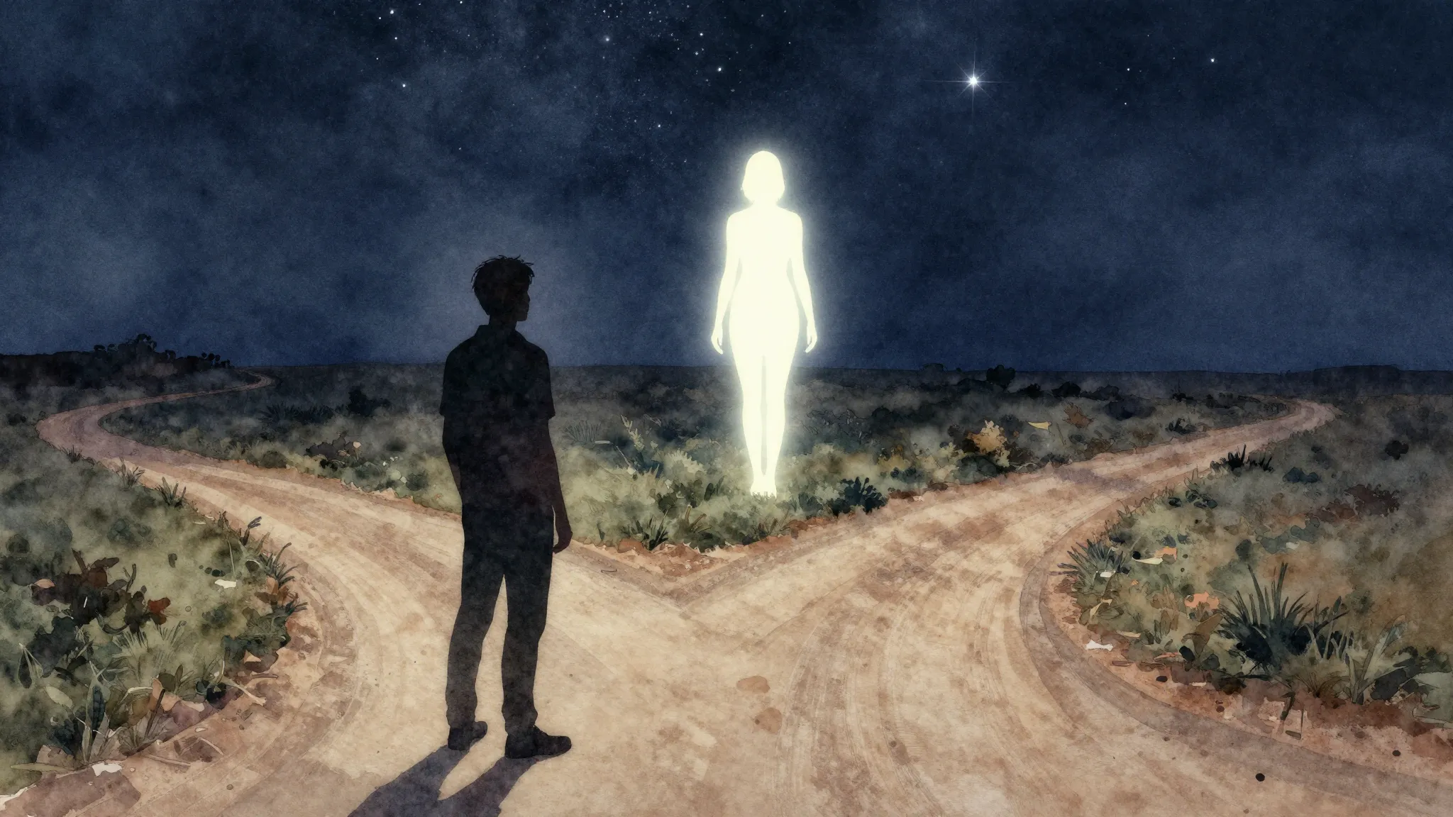 Watercolor style. A silhouette of a man standing at a crossr...