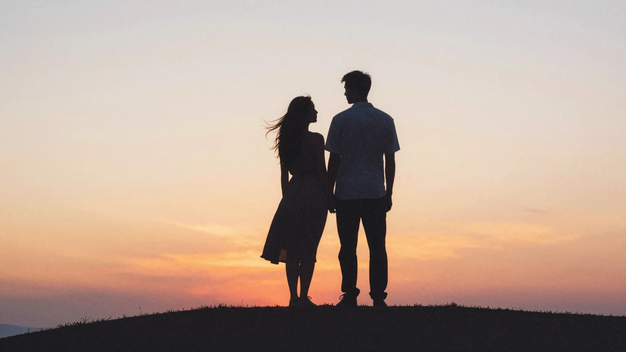 Watercolor style. A silhouette of a man and a woman standing...