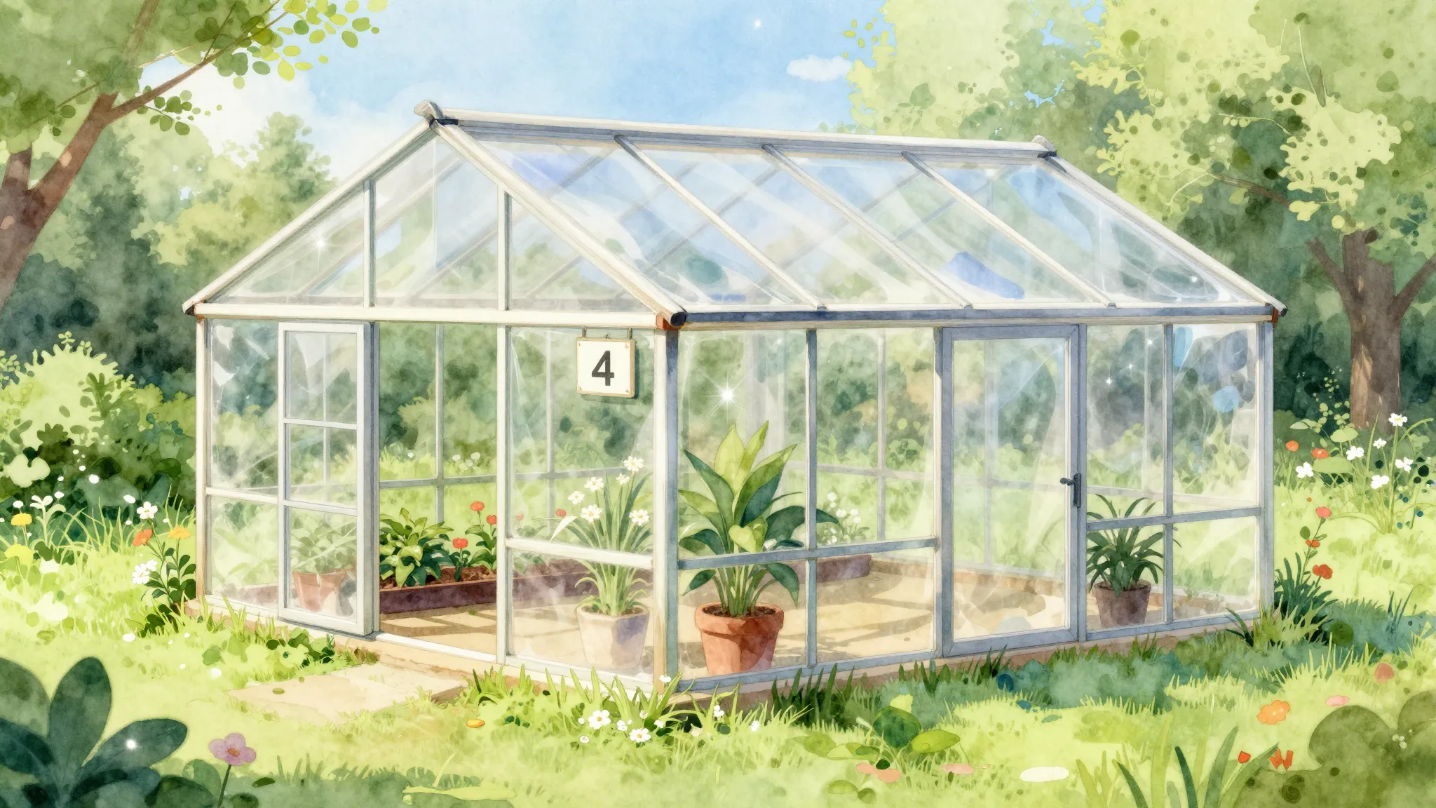 Watercolor style. A bright sunny greenhouse made of transpar...