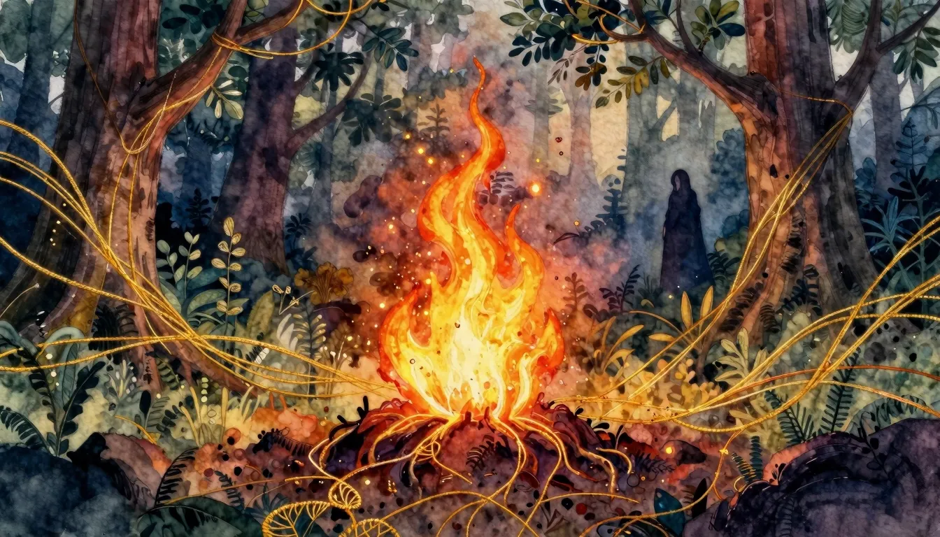 Vibrant watercolor style. A mystical folk album cover: an an...