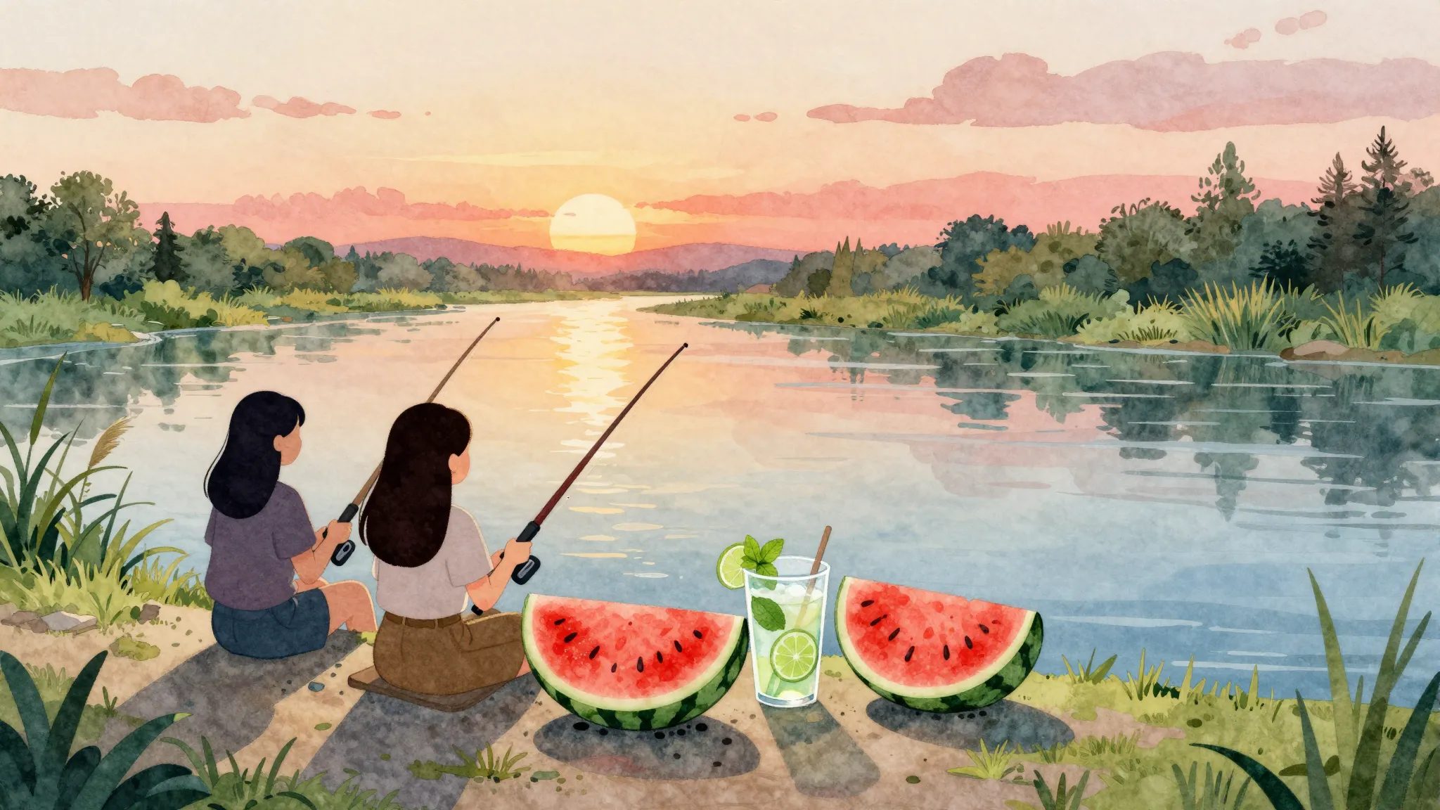 Watercolor style. Two female silhouettes sitting on a river ...