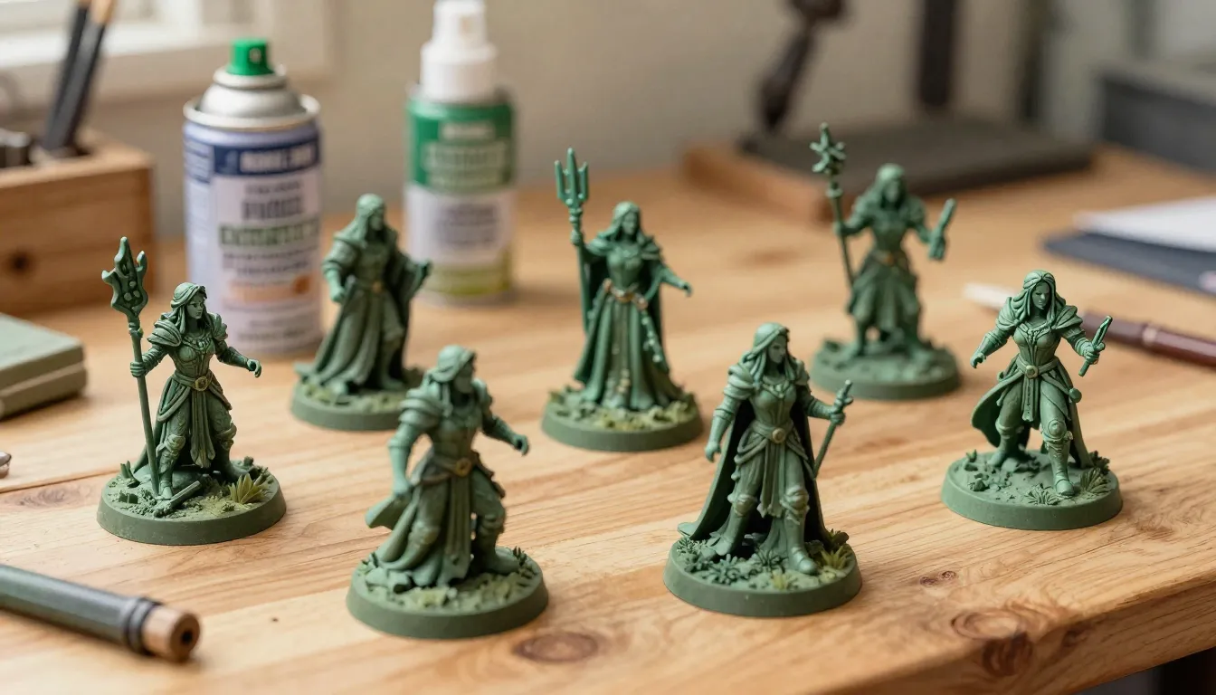 Watercolor style. A collection of fantasy tabletop miniature...