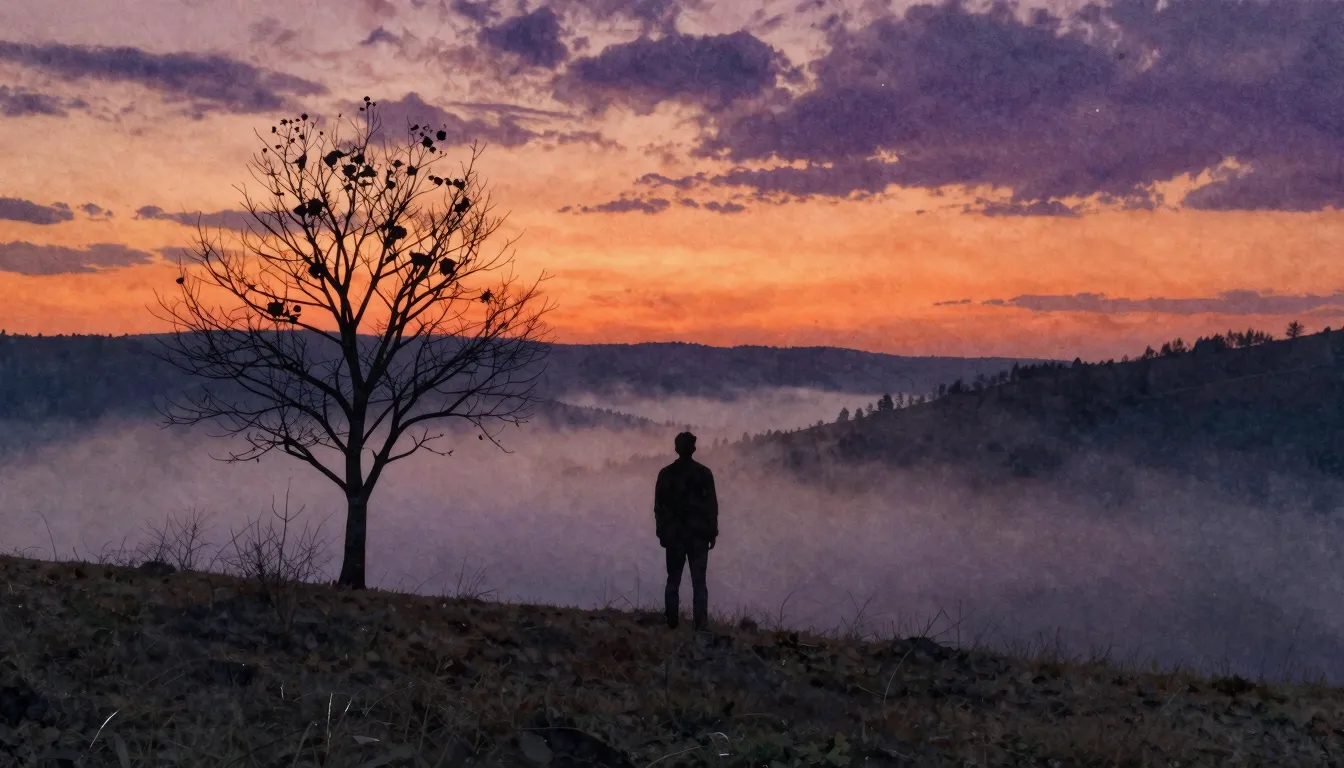 Watercolor style. A lone silhouette of a man stands on a hil...