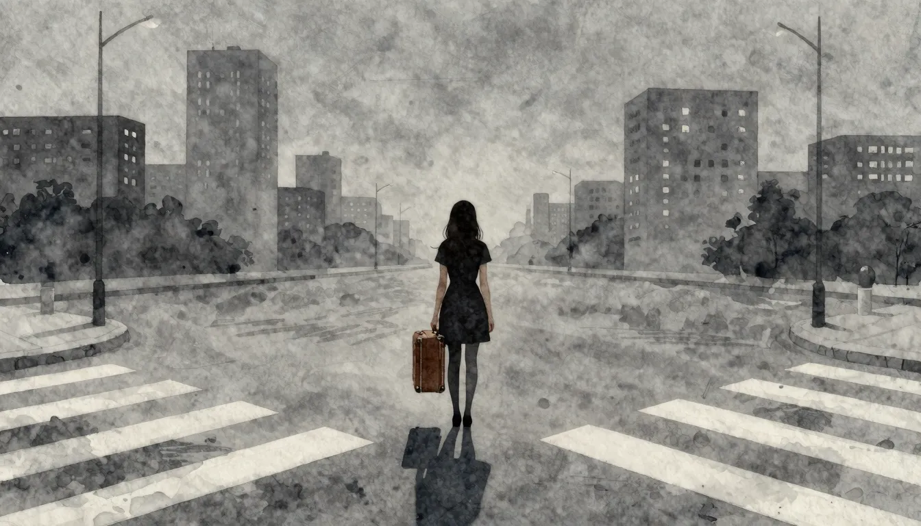Watercolor style. A lonely silhouette of a young woman stand...