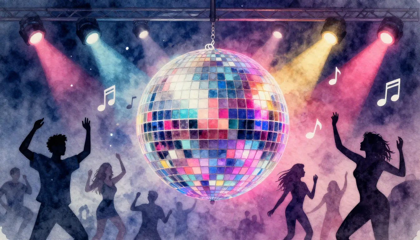 Watercolor style. Vibrant neon disco ball, colorful stage li...