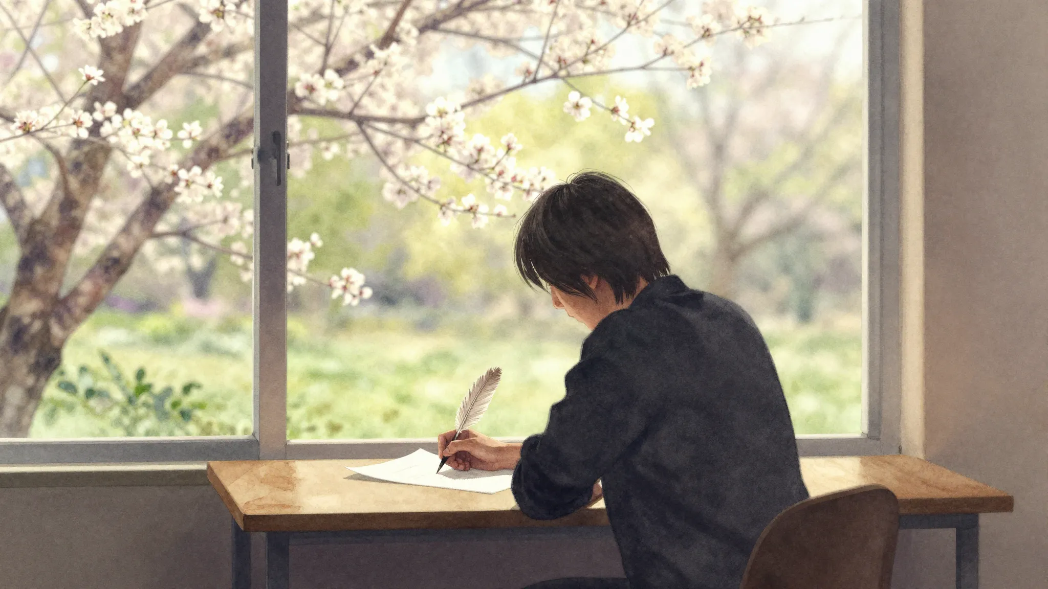 Watercolor style. Silhouette of a person sitting at a desk n...