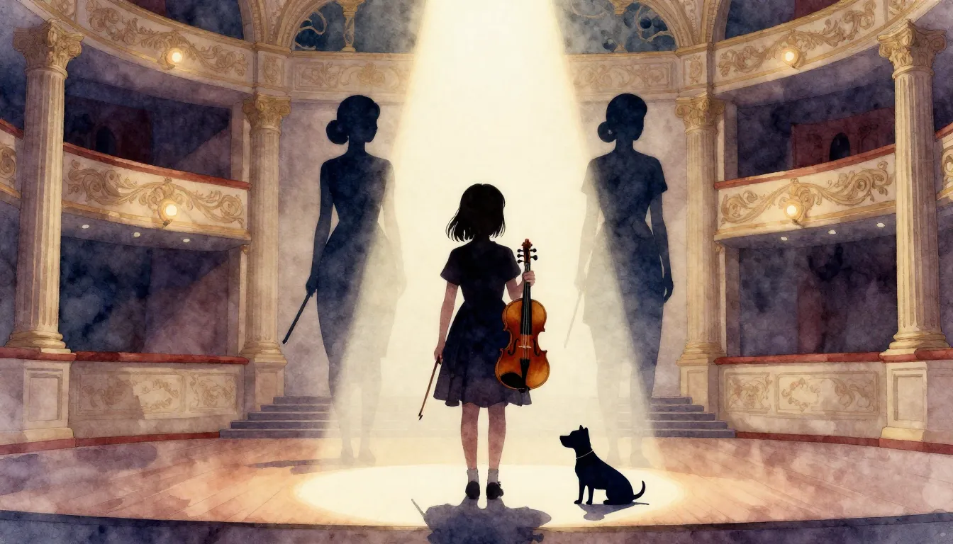 Watercolor style. A silhouette of a young girl standing on a...