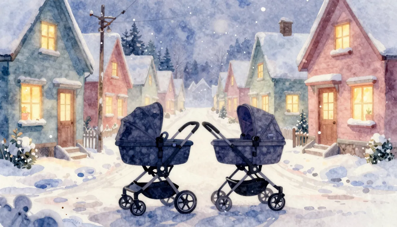 Watercolor style. Silhouette of two baby strollers on a snow...