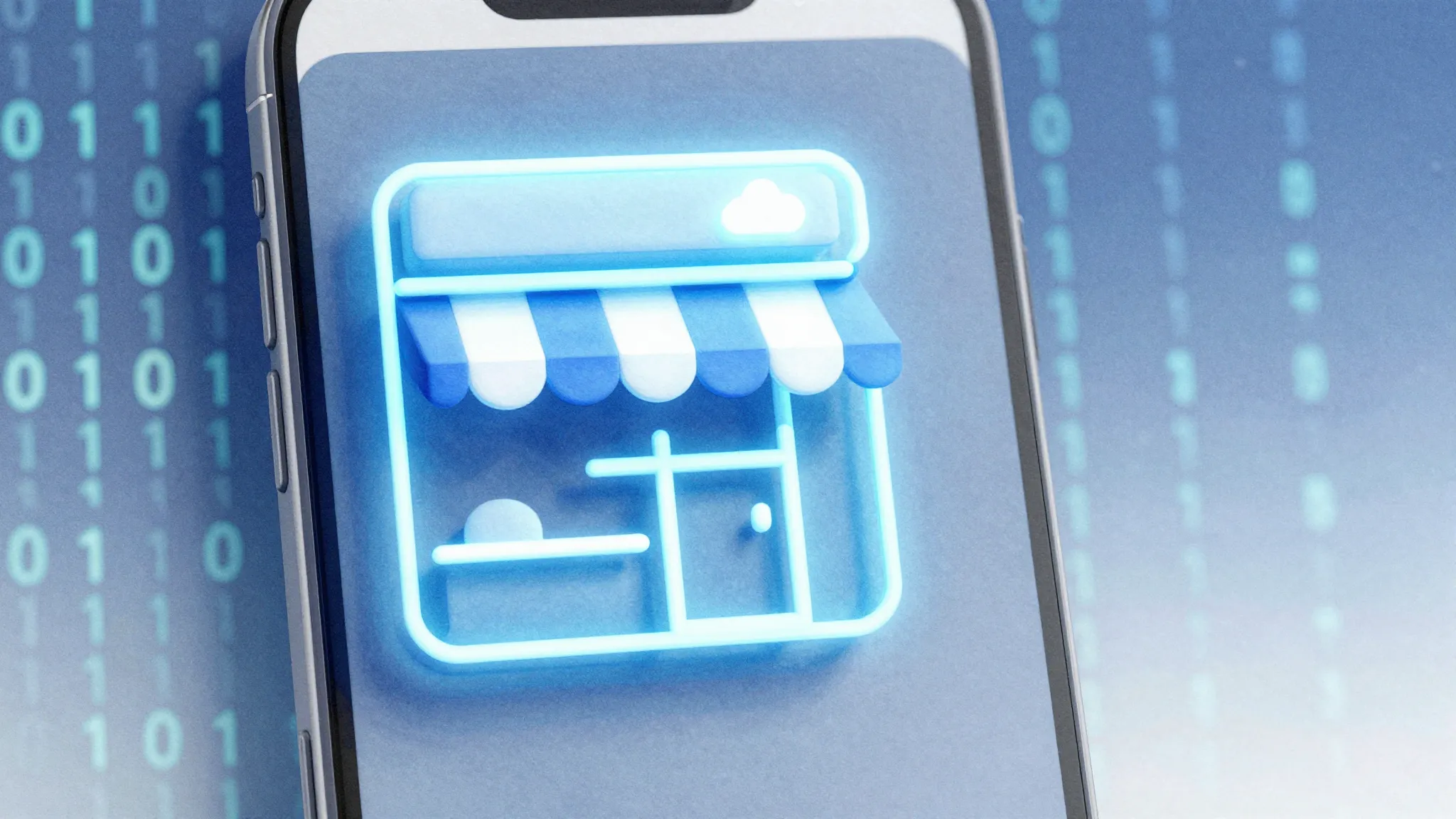 Watercolor style. A stylized digital storefront icon on a sm...