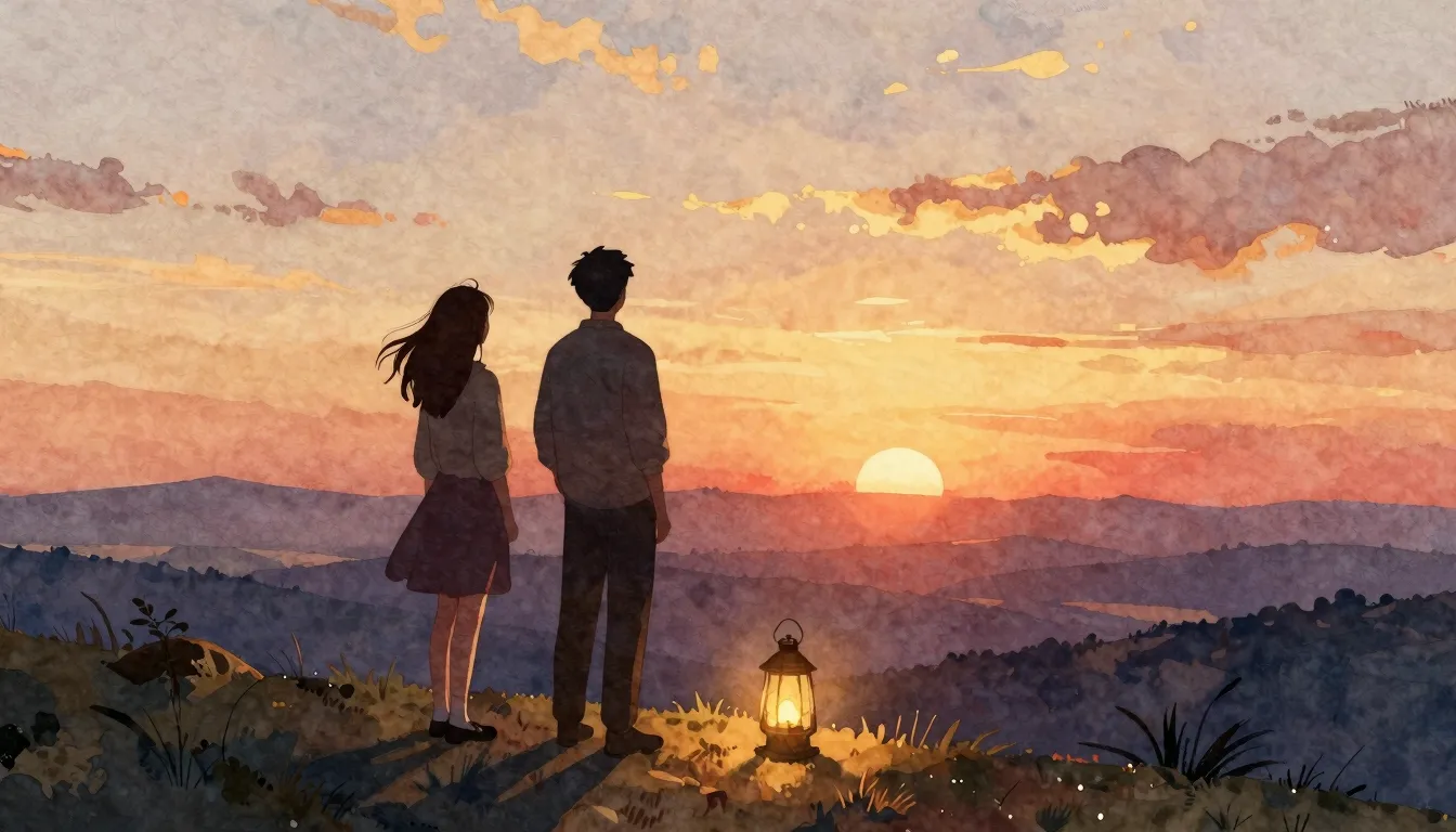 Watercolor style. A warm, cozy scene with two silhouettes st...
