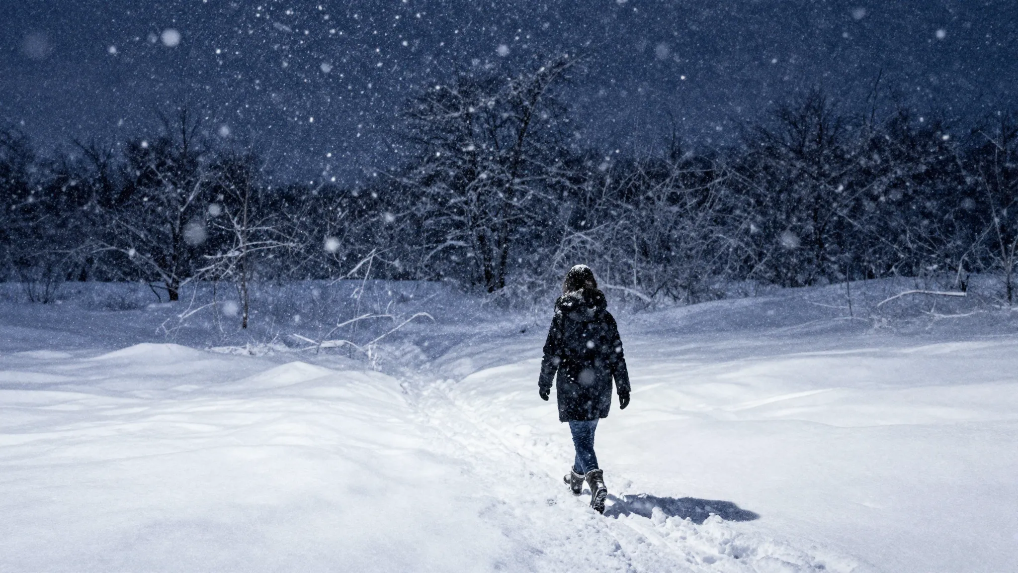 Watercolor style. Winter landscape, heavy snowstorm, dark ni...