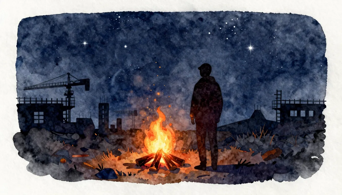 Watercolor style. A dark silhouette of a person standing by ...